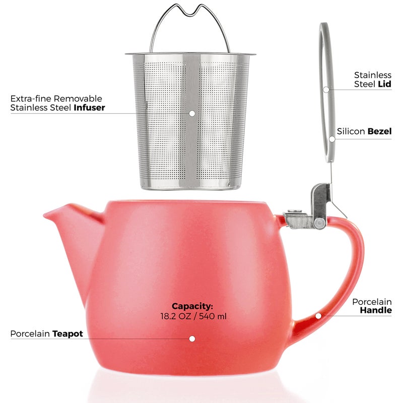 Tealyra - Pluto Porcelain Small Teapot Red - 18.2-ounce (1-2 cups) - Matte Finish - Stainless Steel Lid and Extra-Fine Infuser To Brew Loose Leaf Tea - 540ml - Image 4